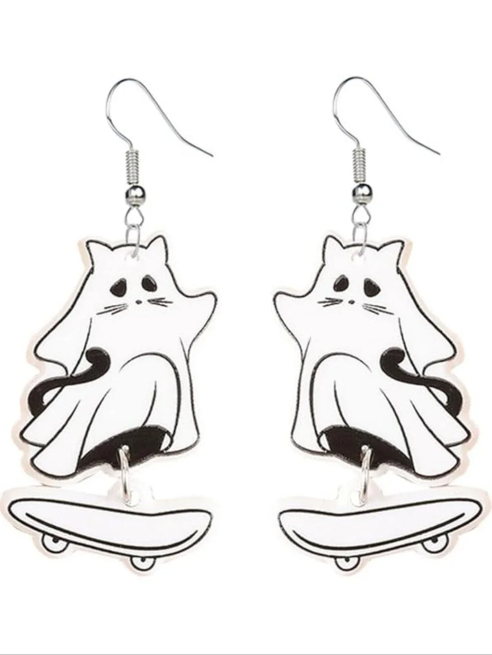 White Cat on Skateboard Pet-Themed Earrings by